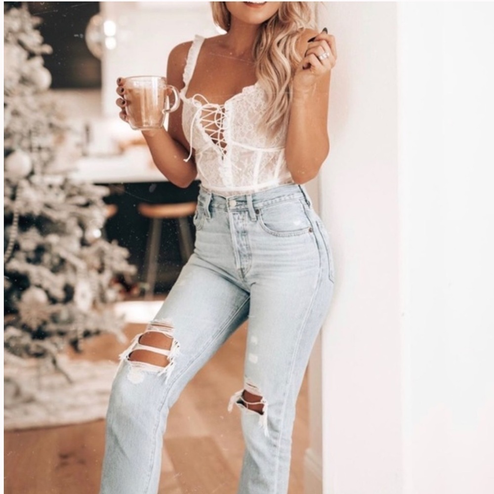 For Love and Lemons White & Nude Lace Up Fontaine Lace Bodysuit
